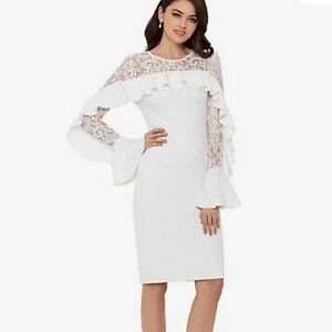 Betsy & Adam White Ruffled Lace-Yoke Sheath Long Sleeve Womens Dress Size 2